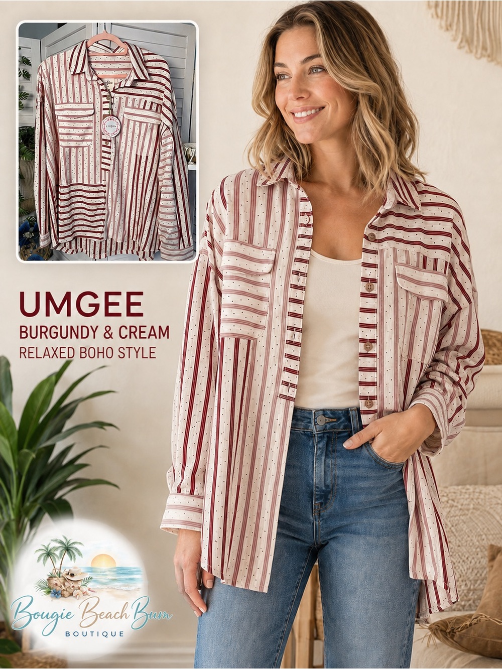 UMGEE Cream & burgundy patchwork style shirt for fall statement piece. Large